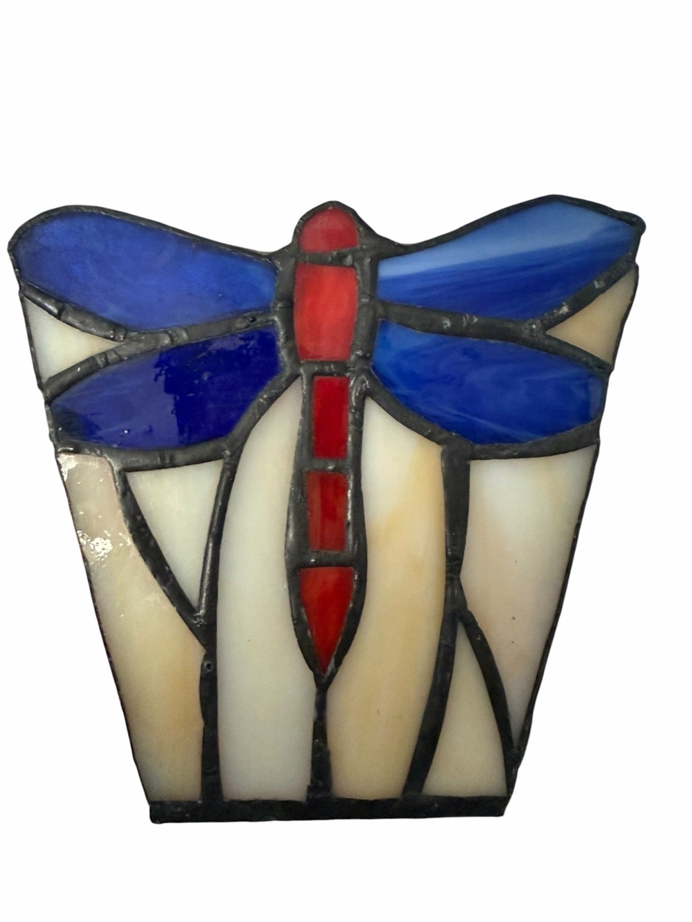 Pier 1 Stained Glass Candle Holder Dragonfly Panel in Blue and Red